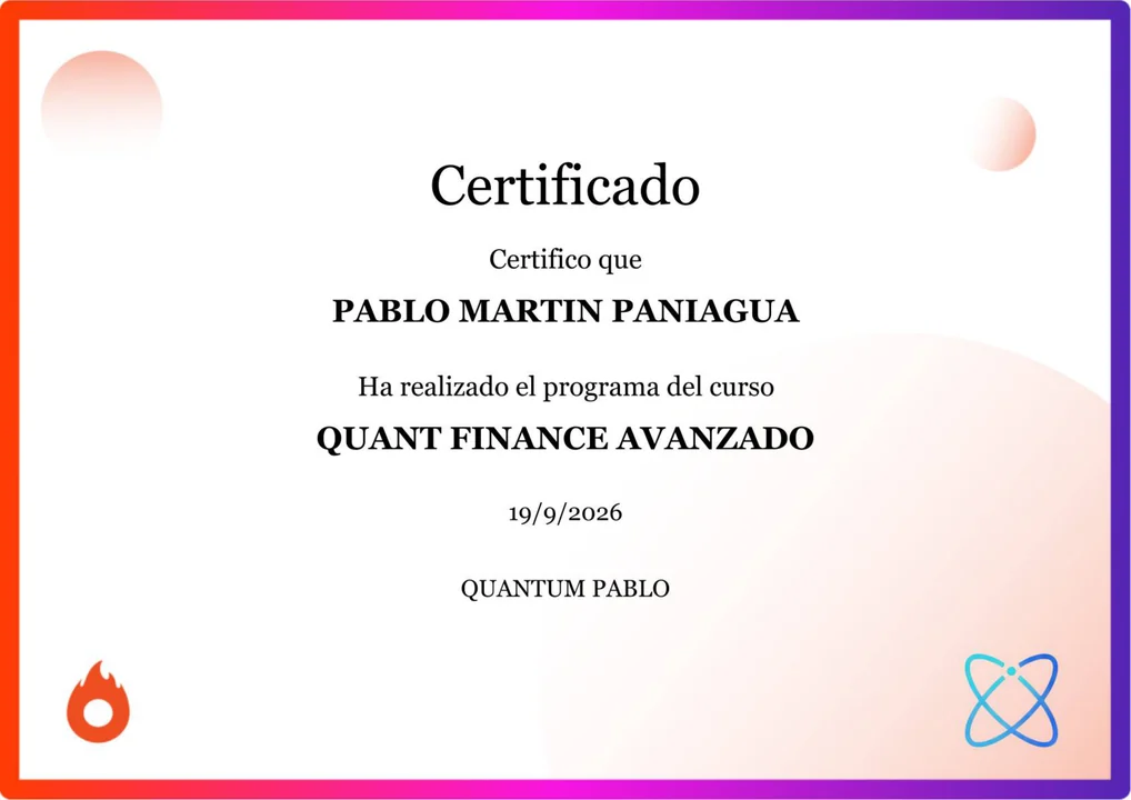 Certificado de finalización del curso «Quant Finance Avanzado», emitido por Quantum Pablo y validado por Hotmart.