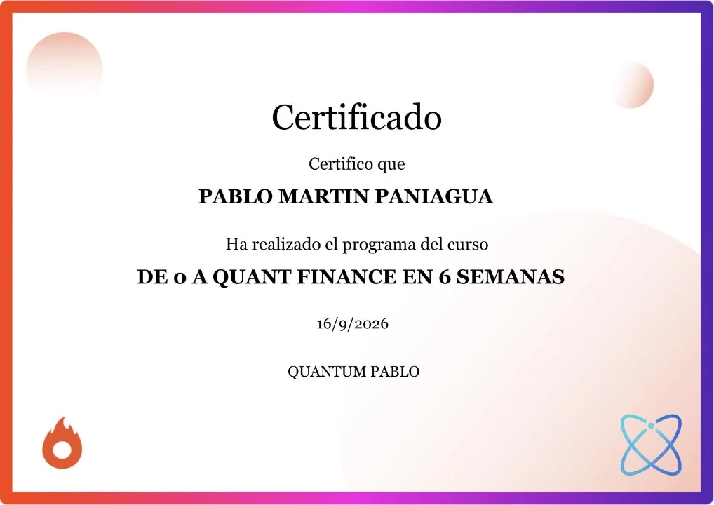 Certificado de finalización del curso «De 0 a Quant Finance en 6 semanas», emitido por Quantum Pablo y validado por Hotmart.